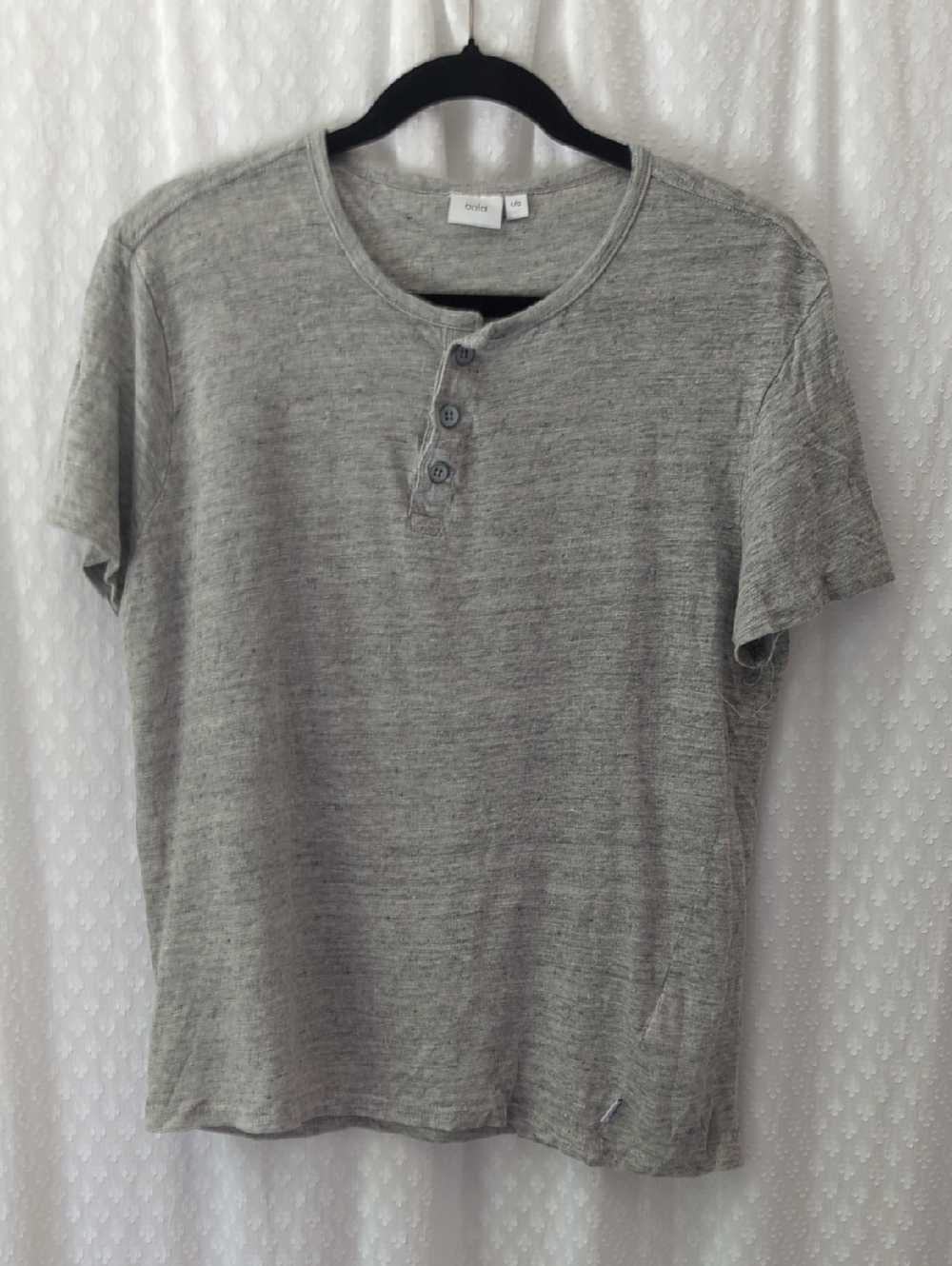Onia Grey Linen Button Front Henley Short Sleeve Tee, Large